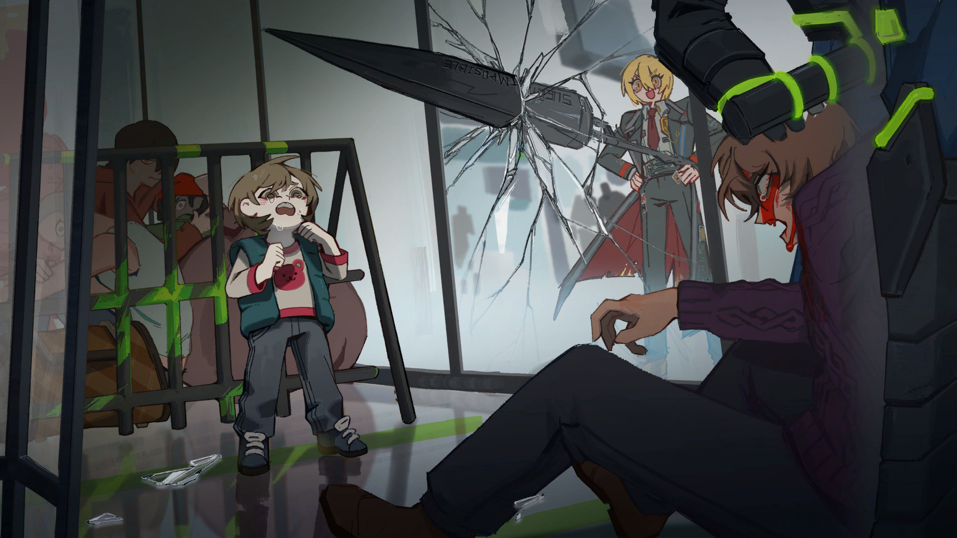 Don Quixote with her lance pierced through the glass with a crying child in front